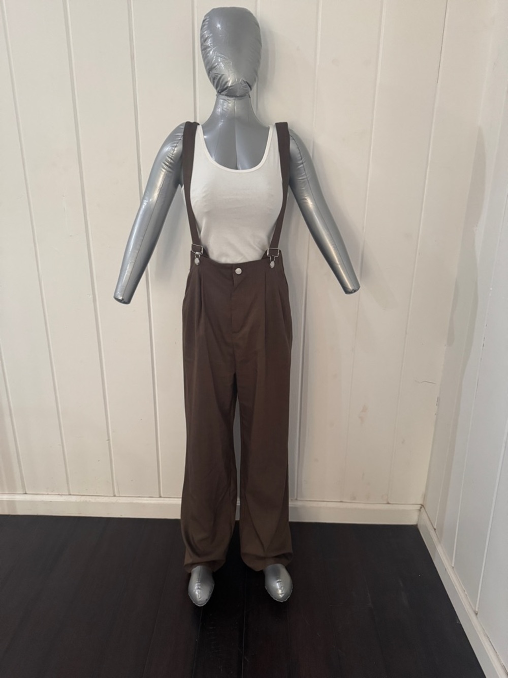 SHEIN Brown High-Waist Wide Leg Trousers with Suspenders